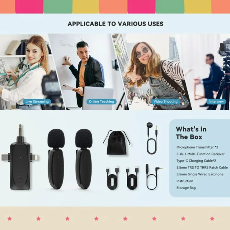 3 in 1 Mini Wireless Lavalier Microphones for iPhone / Android / Camera with Noise Reduction Function