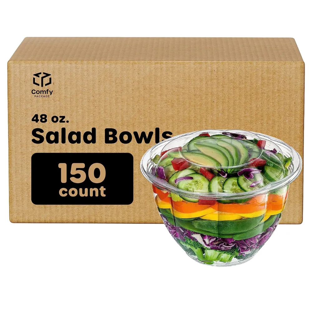 [Case of 150] 48 oz. Plastic Salad Bowls To Go With Airtight Lids