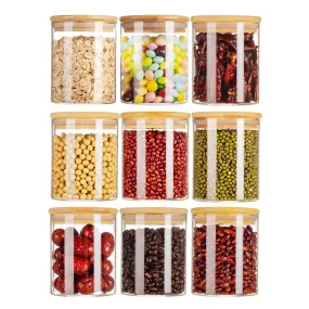 iTokGok set of 9 ,13.5oz*9 pcs Kitchen glass jar with bamboo lids storage jars Organization jar/ containers with Airtight bamboo lids, , perfect for storing coffee, tea, candy, nuts and rice Kitchen Storage Container