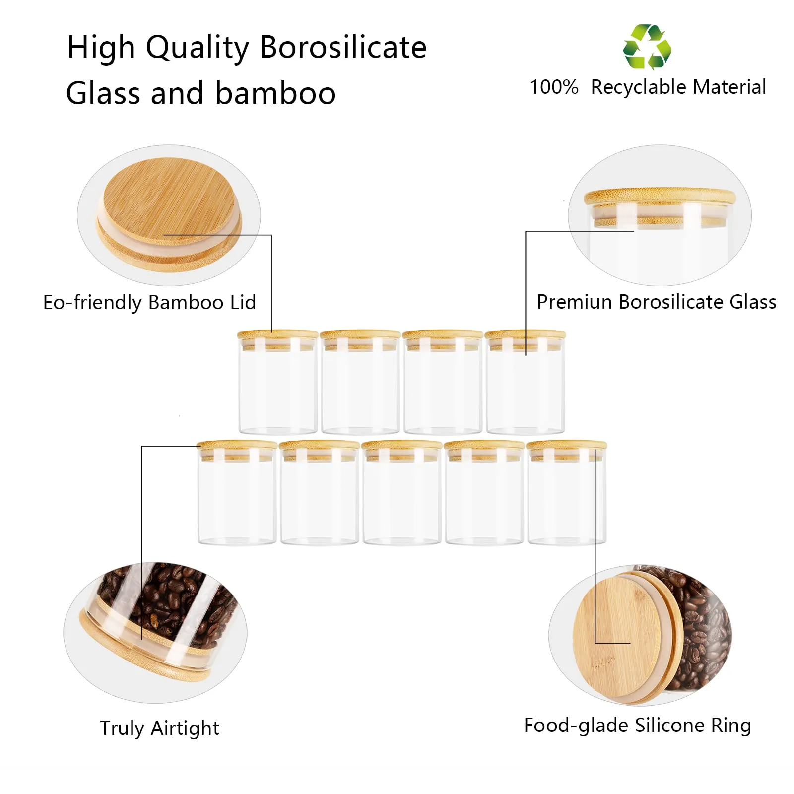 iTokGok set of 9 ,13.5oz*9 pcs Kitchen glass jar with bamboo lids storage jars Organization jar/ containers with Airtight bamboo lids, , perfect for storing coffee, tea, candy, nuts and rice Kitchen Storage Container
