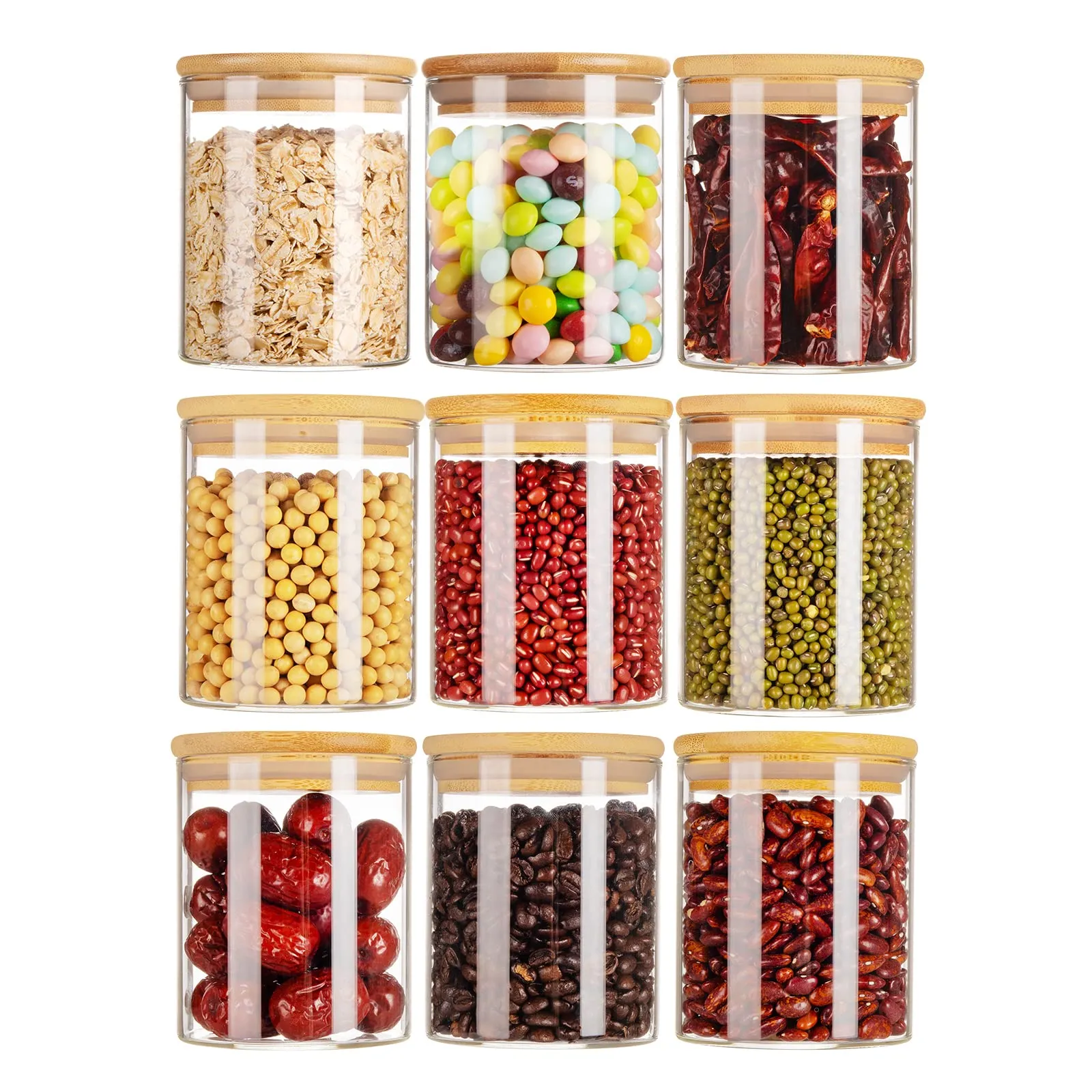 iTokGok set of 9 ,13.5oz*9 pcs Kitchen glass jar with bamboo lids storage jars Organization jar/ containers with Airtight bamboo lids, , perfect for storing coffee, tea, candy, nuts and rice Kitchen Storage Container