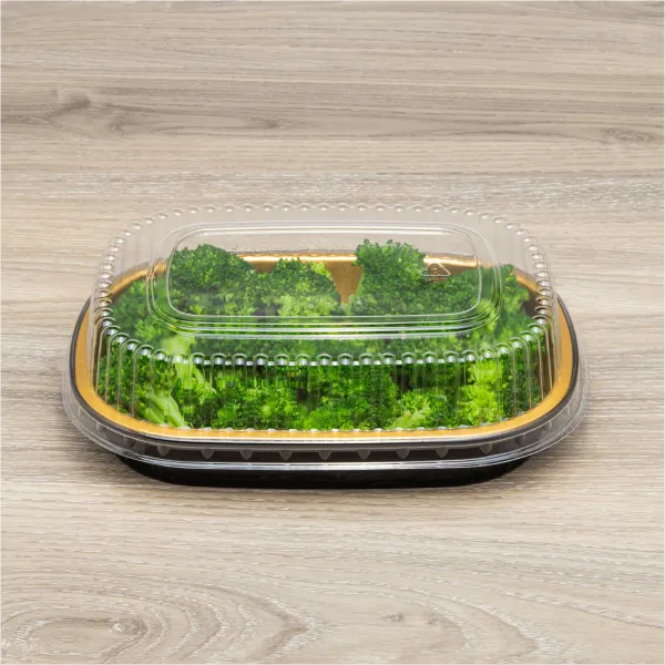 Karat 24 oz Black and Gold Aluminum Foil Take Out Pan with Clear PET Dome Lid - 100 sets