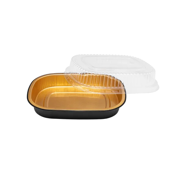 Karat 24 oz Black and Gold Aluminum Foil Take Out Pan with Clear PET Dome Lid - 100 sets
