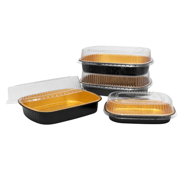 Karat 24 oz Black and Gold Aluminum Foil Take Out Pan with Clear PET Dome Lid - 100 sets