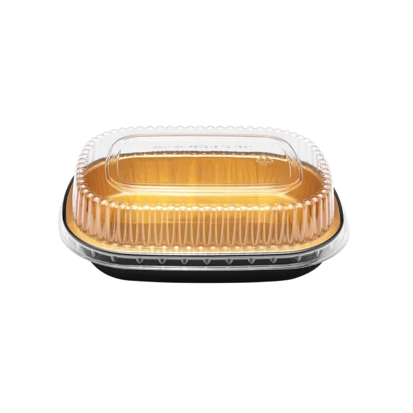Karat 24 oz Black and Gold Aluminum Foil Take Out Pan with Clear PET Dome Lid - 100 sets