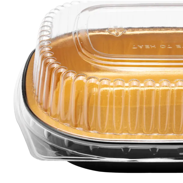 Karat 24 oz Black and Gold Aluminum Foil Take Out Pan with Clear PET Dome Lid - 100 sets