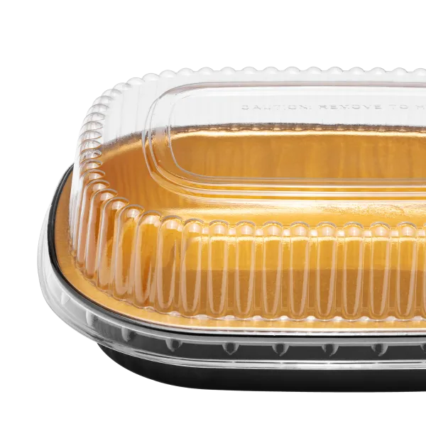 Karat 24 oz Black and Gold Aluminum Foil Take Out Pan with Clear PET Dome Lid - 100 sets