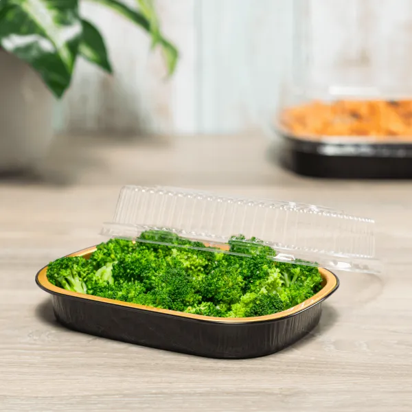 Karat 24 oz Black and Gold Aluminum Foil Take Out Pan with Clear PET Dome Lid - 100 sets
