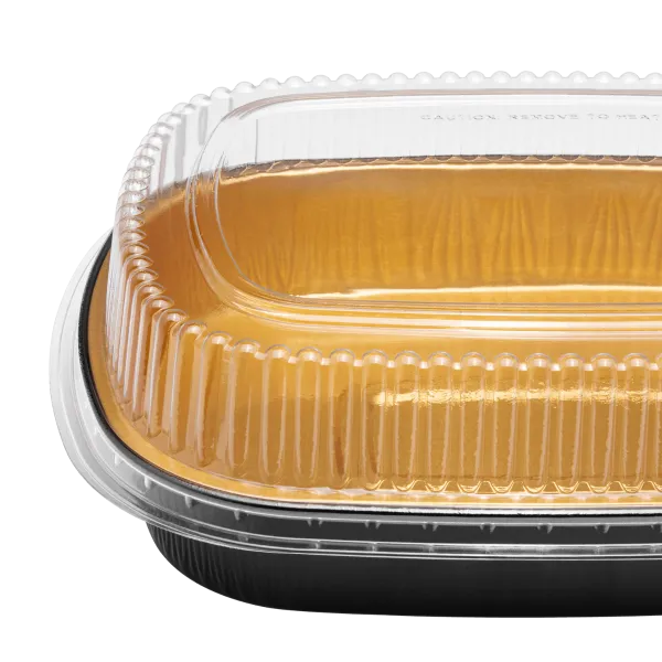 Karat 48 oz Black and Gold Aluminum Foil Take Out Pan with Clear PET Dome Lid - 50 sets