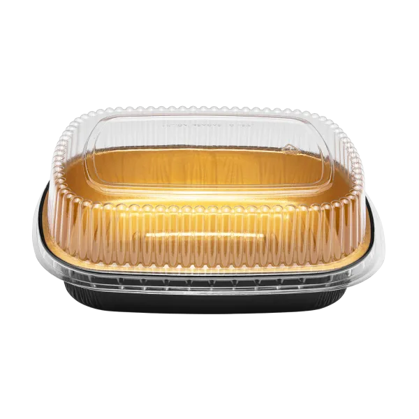 Karat 48 oz Black and Gold Aluminum Foil Take Out Pan with Clear PET Dome Lid - 50 sets