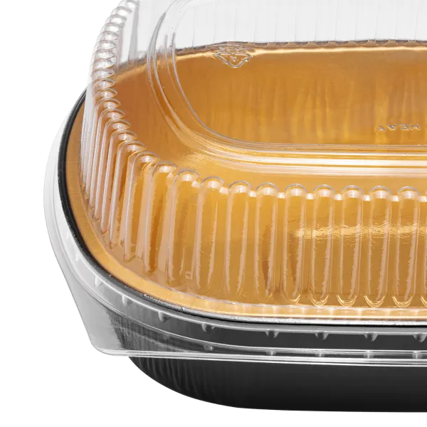 Karat 48 oz Black and Gold Aluminum Foil Take Out Pan with Clear PET Dome Lid - 50 sets
