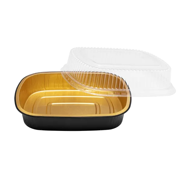 Karat 48 oz Black and Gold Aluminum Foil Take Out Pan with Clear PET Dome Lid - 50 sets