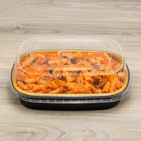 Karat 48 oz Black and Gold Aluminum Foil Take Out Pan with Clear PET Dome Lid - 50 sets