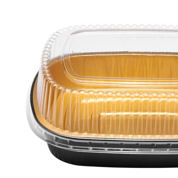 Karat 72 oz Black and Gold Aluminum Foil Take Out Pan with Clear PET Dome Lid - 50 sets
