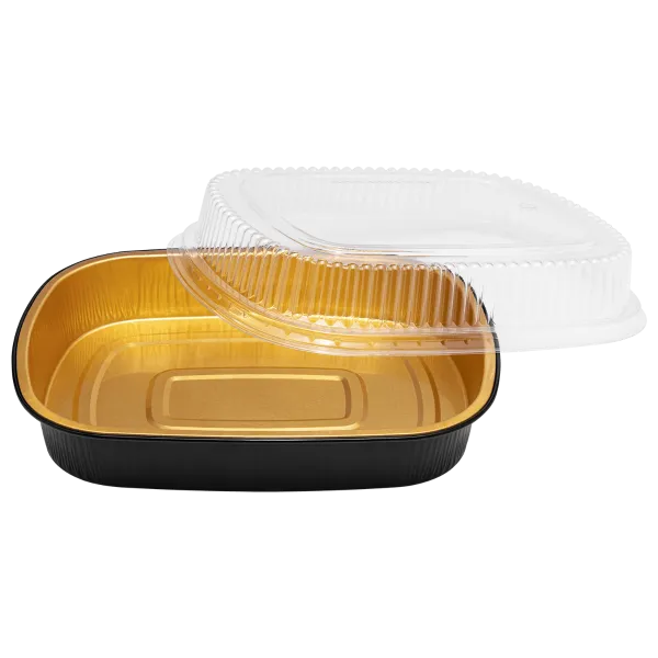 Karat 72 oz Black and Gold Aluminum Foil Take Out Pan with Clear PET Dome Lid - 50 sets
