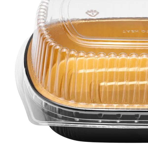 Karat 72 oz Black and Gold Aluminum Foil Take Out Pan with Clear PET Dome Lid - 50 sets