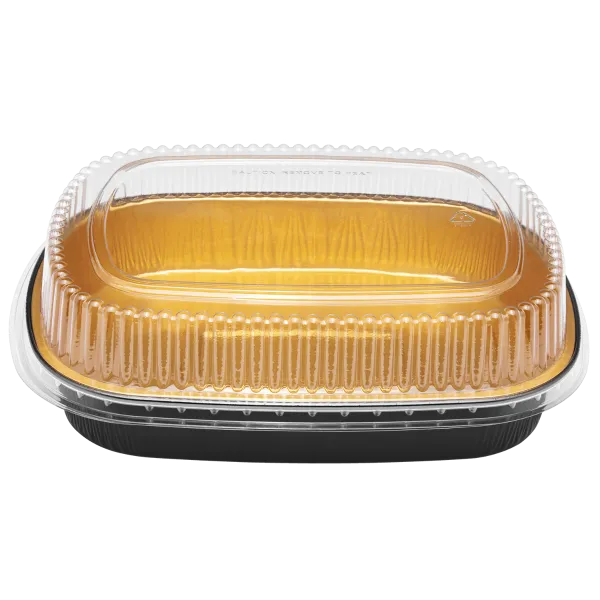 Karat 72 oz Black and Gold Aluminum Foil Take Out Pan with Clear PET Dome Lid - 50 sets