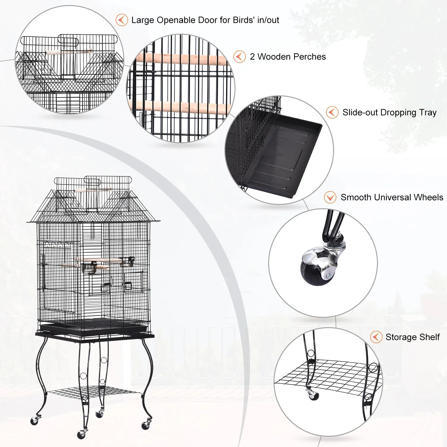 PawHut Large Metal Bird Cage Aviary Parrot Budgie Canary Pet With Stand&Wheels