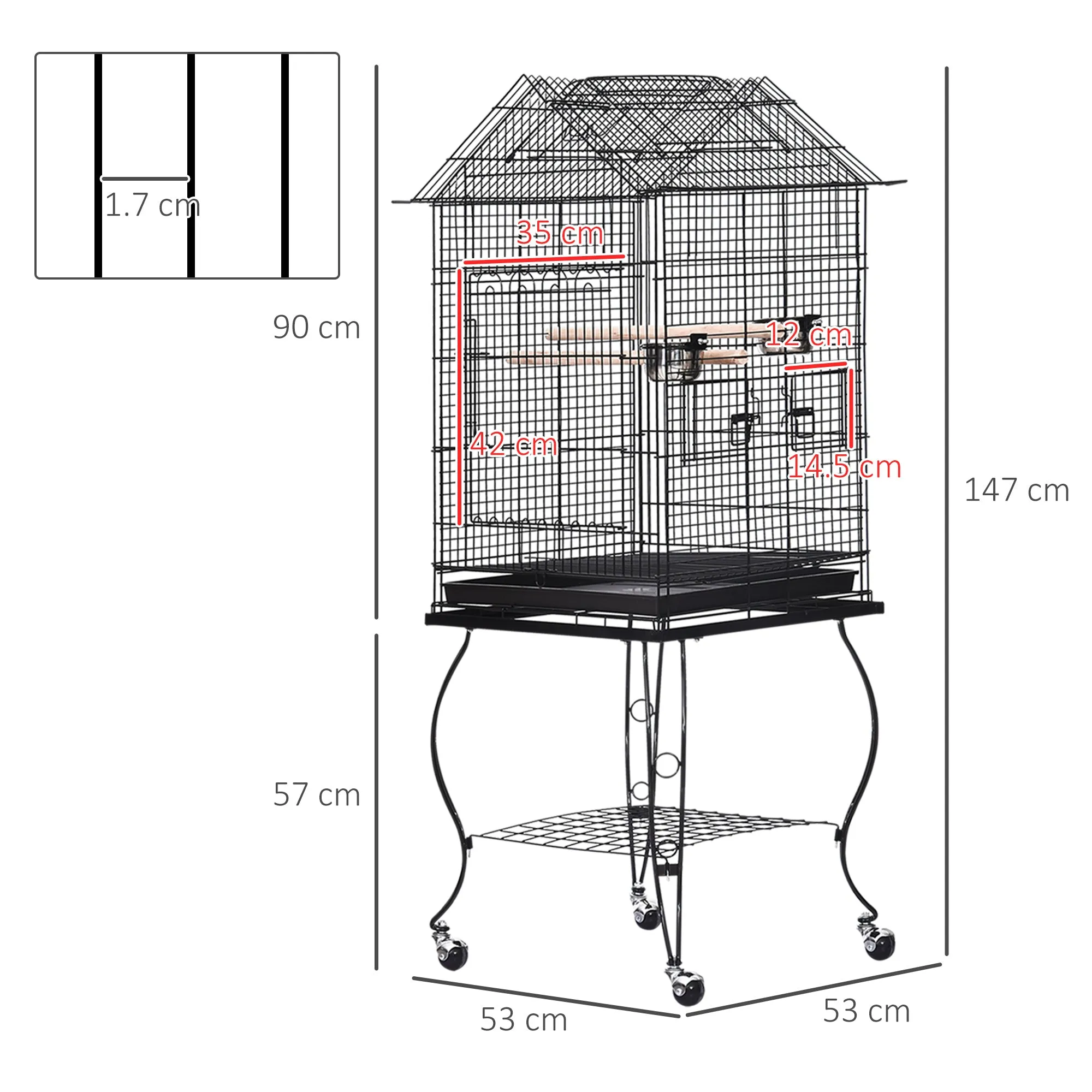 PawHut Large Metal Bird Cage Aviary Parrot Budgie Canary Pet With Stand&Wheels