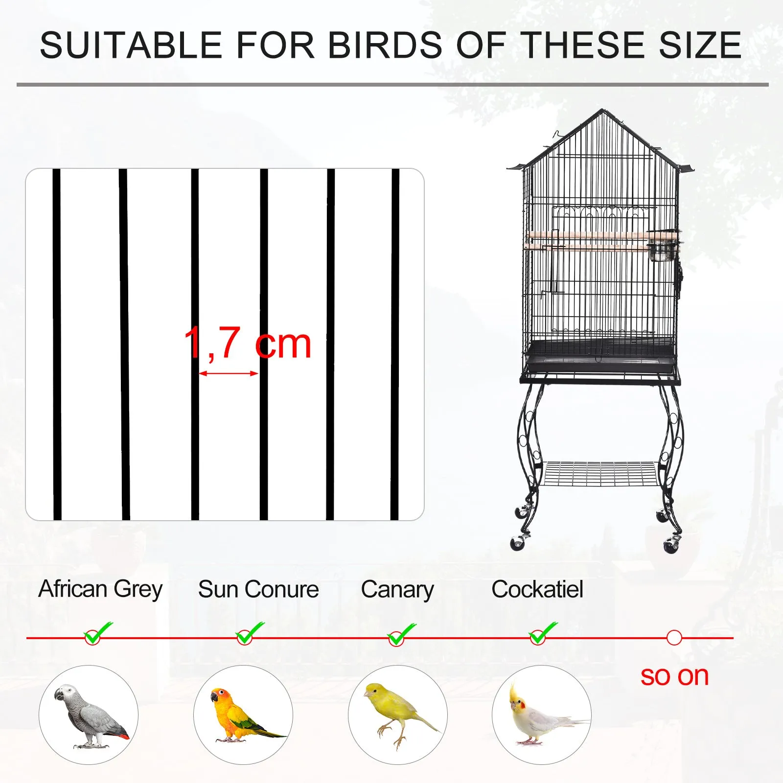 PawHut Large Metal Bird Cage Aviary Parrot Budgie Canary Pet With Stand&Wheels