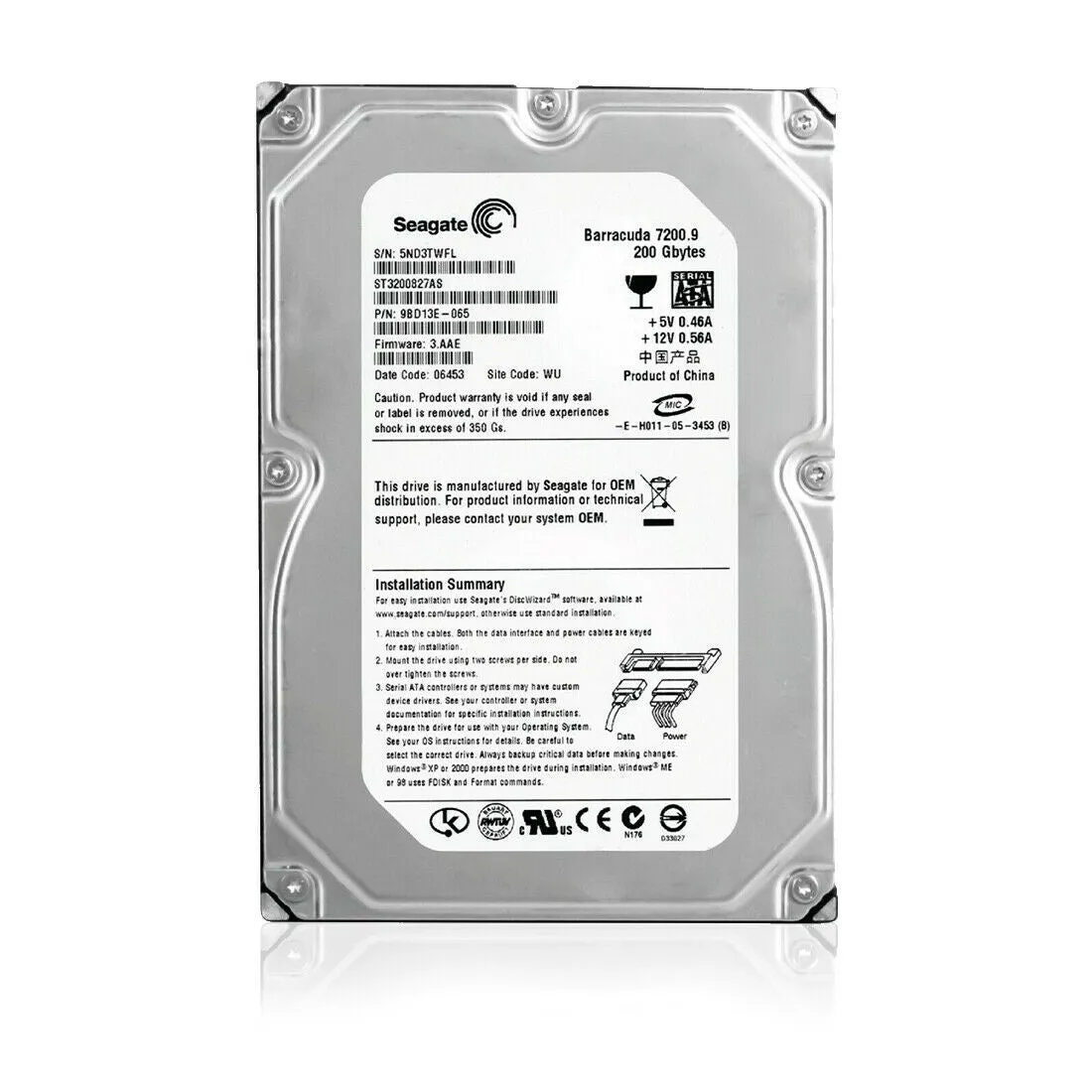 Seagate (SATA) Barracuda 3.5" Internal HD 200GB 7200RPM for PC ST3200827AS