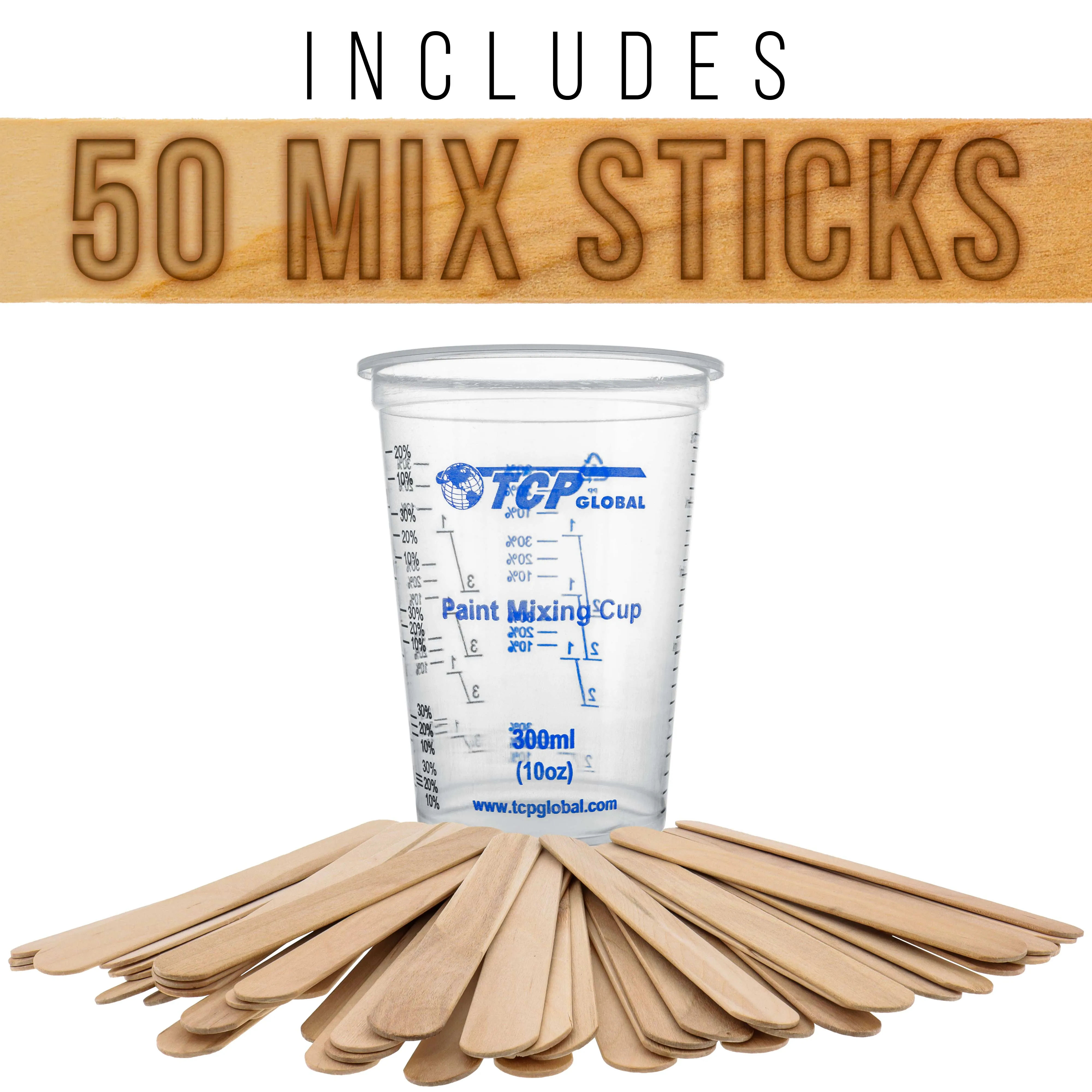 TCP Global 10 Ounce (300ml) Disposable Flexible Clear Graduated Plastic Mixing Cups - Box of 50 Cups & 50 Mixing Sticks - Use for Paint, Resin, Epoxy