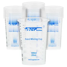 TCP Global 32 Ounce (1000ml) Disposable Flexible Clear Graduated Plastic Mixing Cups - Box of 25 Cups - Use for Paint, Resin, Epoxy, Art, Kitchen