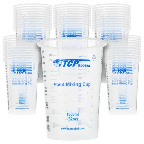TCP Global 32 Ounce (1000ml) Disposable Flexible Clear Graduated Plastic Mixing Cups - Box of 50 Cups - Use for Paint, Resin, Epoxy, Art, Kitchen