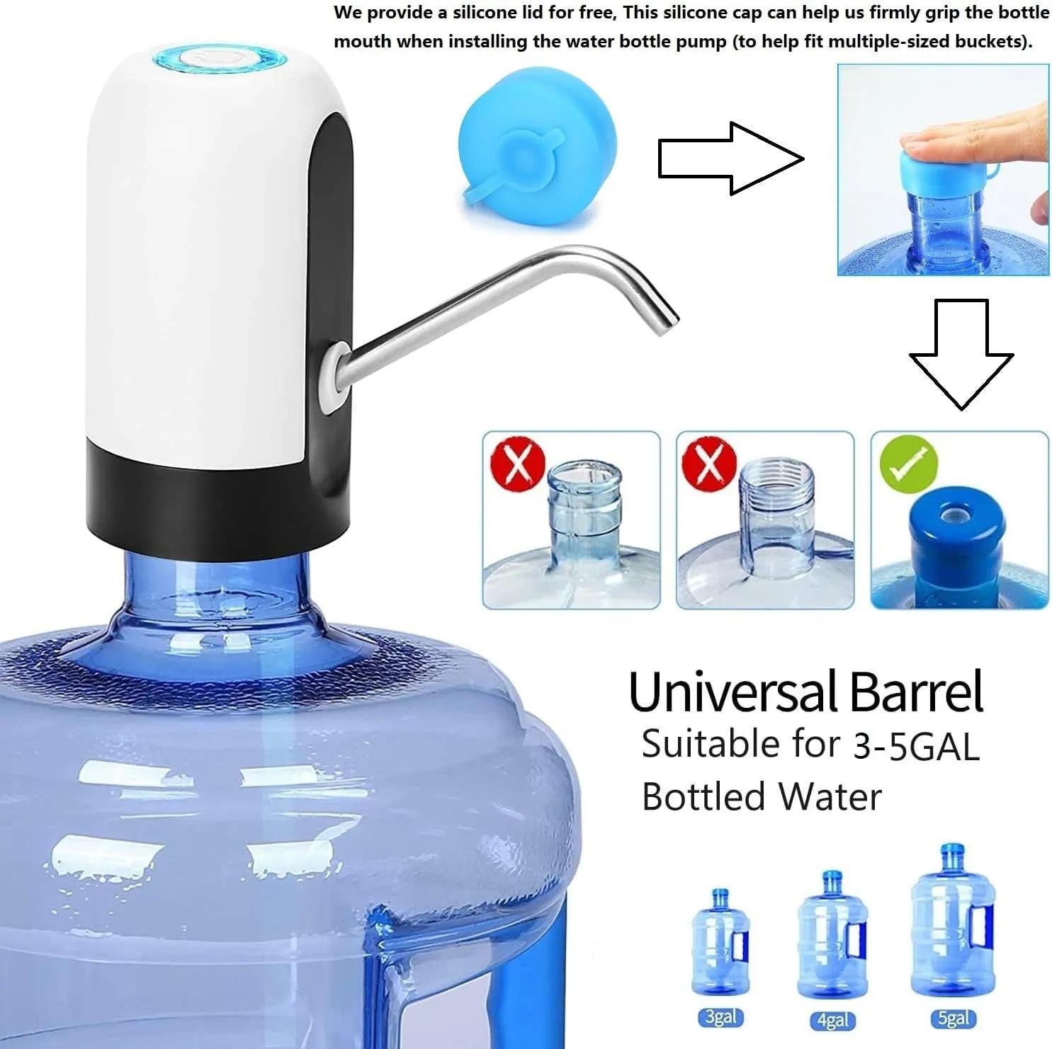Water Bottle Pump 5 Gallon Water Bottle Dispenser USB Charging Automatic Drinking Water Pump Portable Electric Water Dispenser Water Bottle Switch (White)