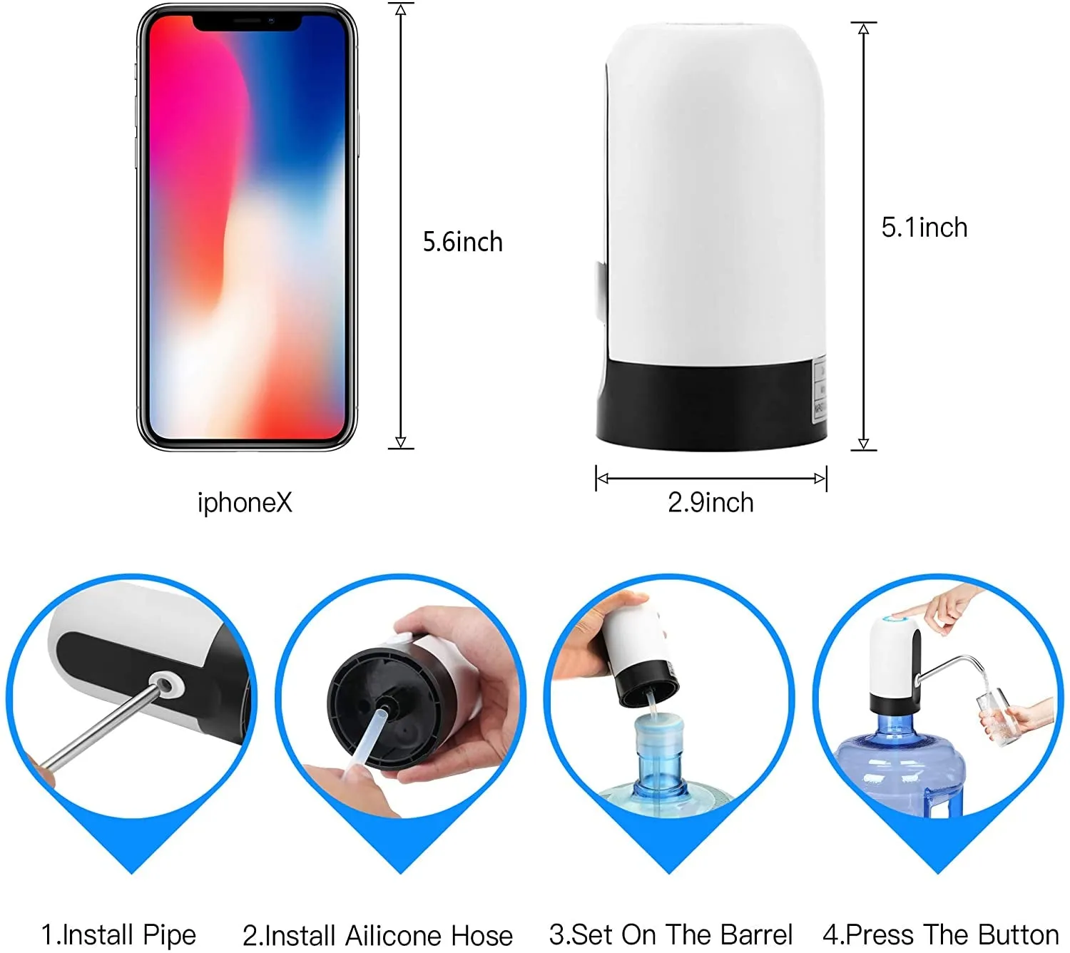 Water Bottle Pump 5 Gallon Water Bottle Dispenser USB Charging Automatic Drinking Water Pump Portable Electric Water Dispenser Water Bottle Switch (White)