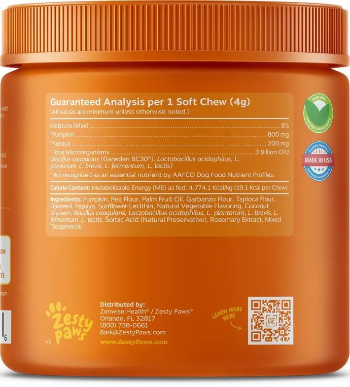 Zesty Paws Probiotic Bites with Digestive Enzymes Pumpkin Soft Chews for Dogs